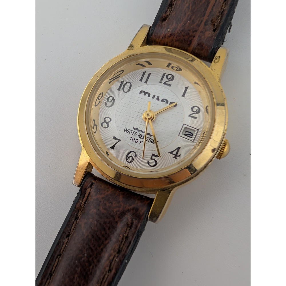 Vtg Milan Watch Women 25mm Gold Case Brown Leather Band- New Battery